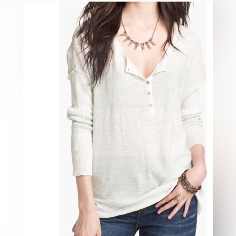 Free People Gold Rush Mint White Slub Knit Oversized Henley Top SZ S